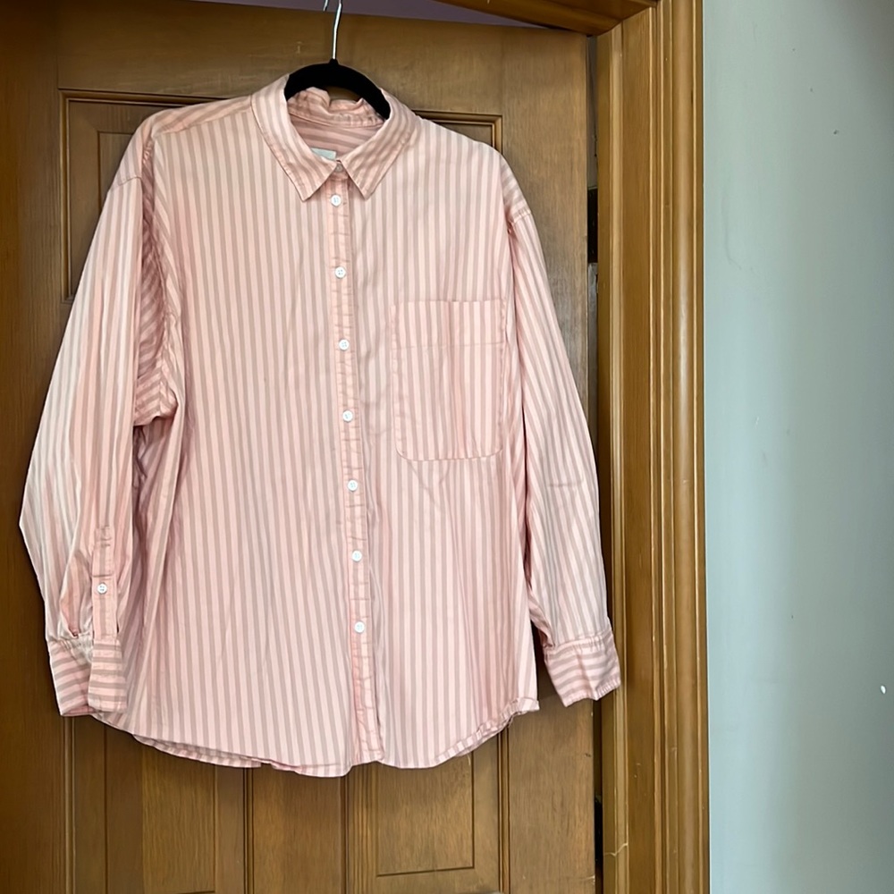 Peach and tan striped button down